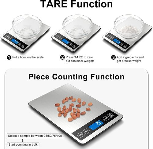 Fuzion Digital Kitchen Scale - 22lb Capacity, Rechargeable, Tempered Glass & Stainless Steel Finish