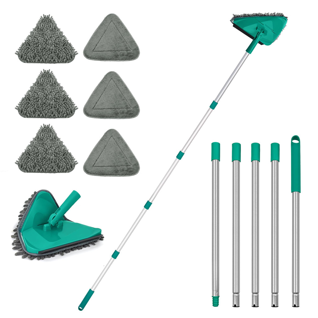 JEHONN Wall Cleaner Mop with Long Handle 82 Inches, 3-in-1 Ceiling Cleaning Tool Duster with 6 Replacement Microfiber Chenille Pads for Painted Walls, Baseboard, Window, Floor (Green)