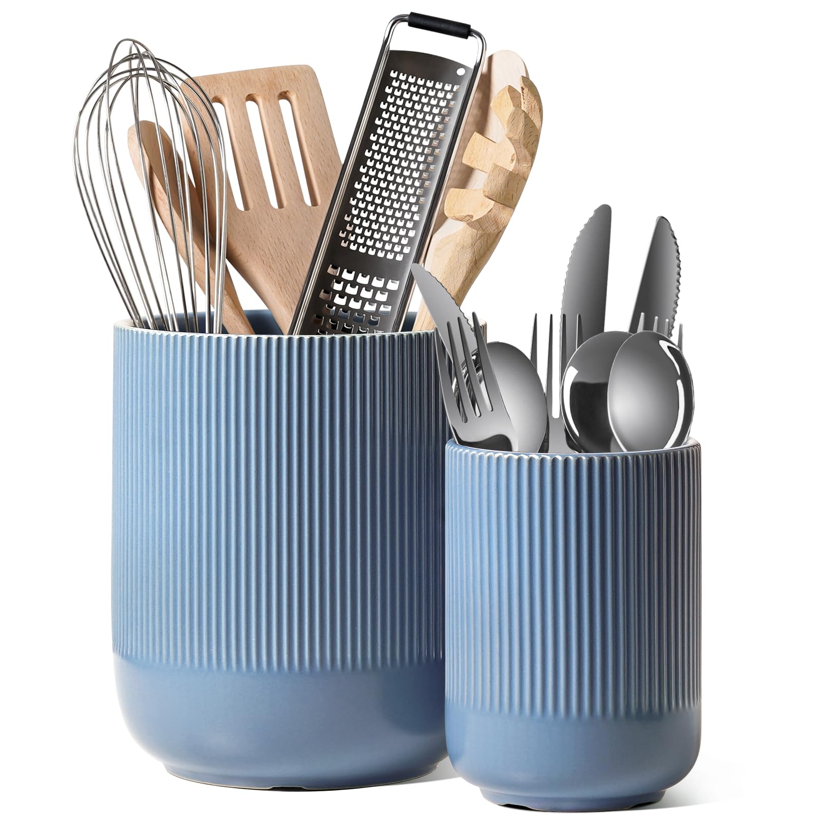 LE TAUCI Utensil Holder for Kitchen Counter, 7.3"+5.4" Fluted Ceramic Utensil Crock Organizer for Countertop, Heavy Large Holder for Spatulas, Spoons, Set of 2, Dusty Blue