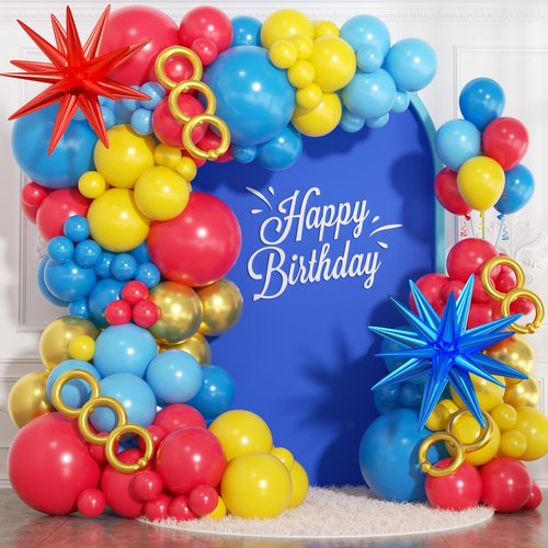 HKYOOD 161Pcs Cartoon Balloon Garland Arch Kit - Balloons with 4D Star Gold Long Balloons for Birthday Baby Shower Cartoon Carnival Circus Hedgehog Super Hero Gamer Theme Backdrop Party Decorations
