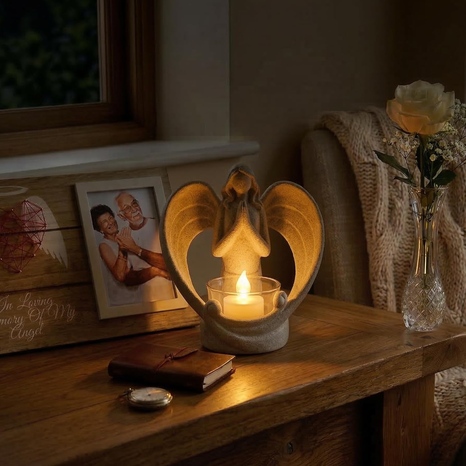 OakiWay Memorial Candle Gift - Angel Figurine Tealight Holder with Flickering LED Candle | Sympathy & Bereavement Decor