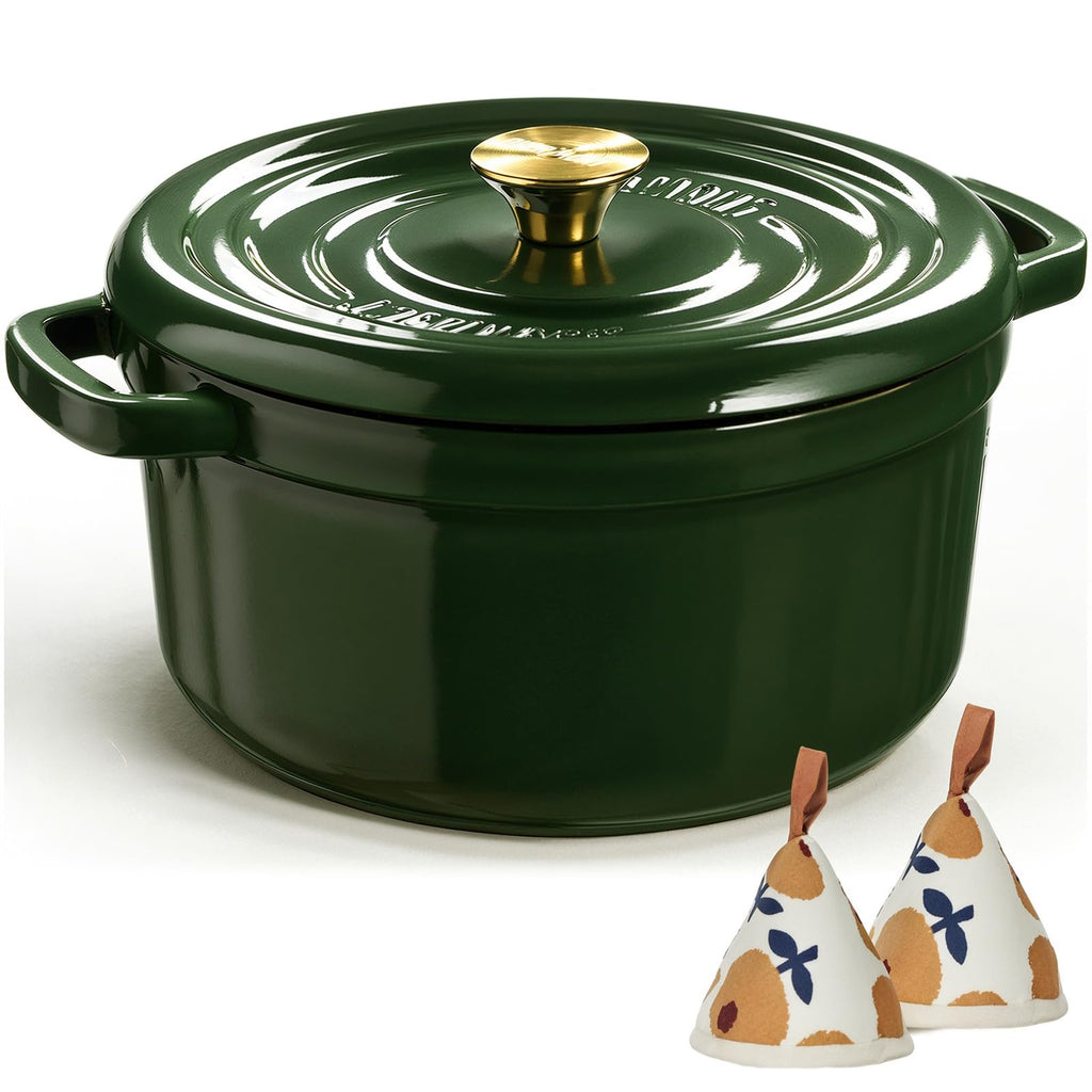 Overmont Enameled Cast Iron Dutch Oven - 5QT Pot with Lid Cookbook & Cotton Potholders - Heavy-Duty Cookware for Braising, Stews, Roasting, Sourdough Baking moss