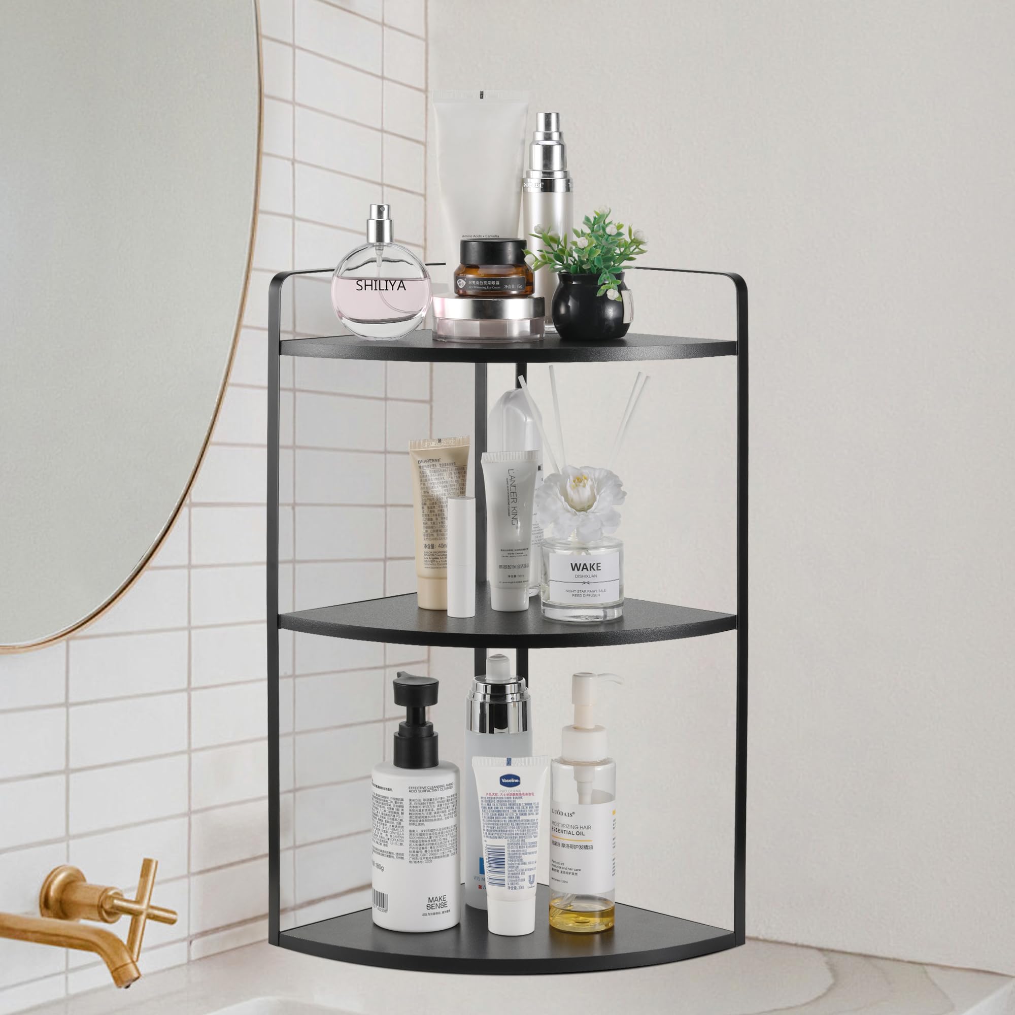 OKLILIYA 3 Tier Corner Bathroom Counter Organizer, Countertop Organizer, Makeup Organizer Countertop, Bathroom Storage Sink Shelf, Wooden and Metal Counter Shelf (Large Capacity-Black)