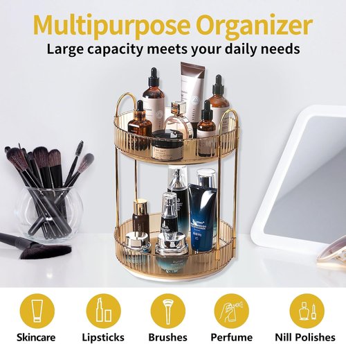 Asayuee 360 Rotating Gold Makeup Organizer - Large Capacity Skincare & Perfume Storage (2 Tier)