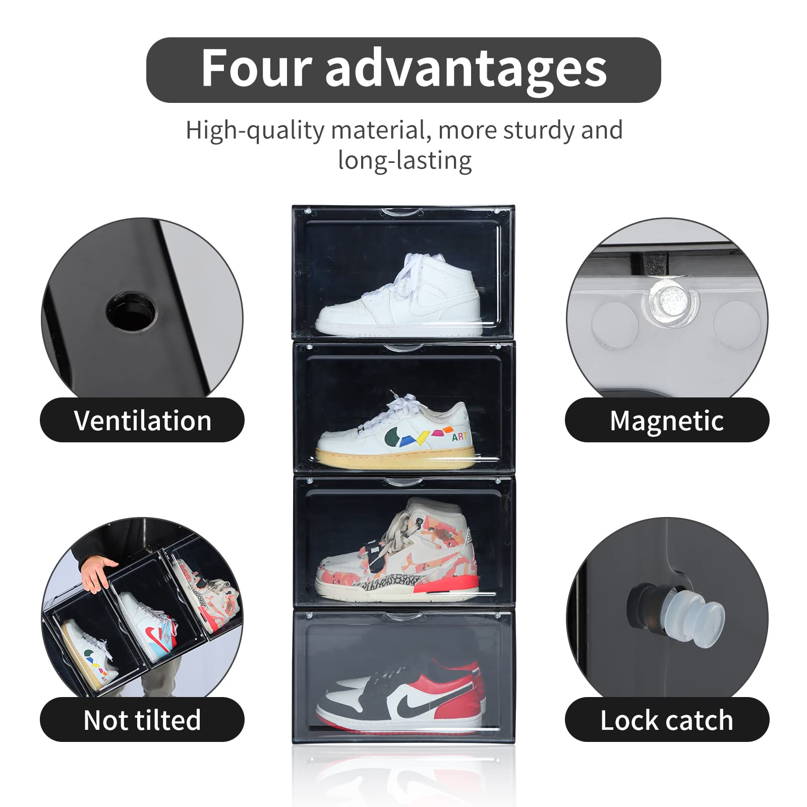 OMOPIN XL clear shoe storage boxes stackable, 8 Pack Large Shoe Boxes Clear Plastic Stackable, Drop side Sneaker Container Fit Size 13 (Black 8 Pack)