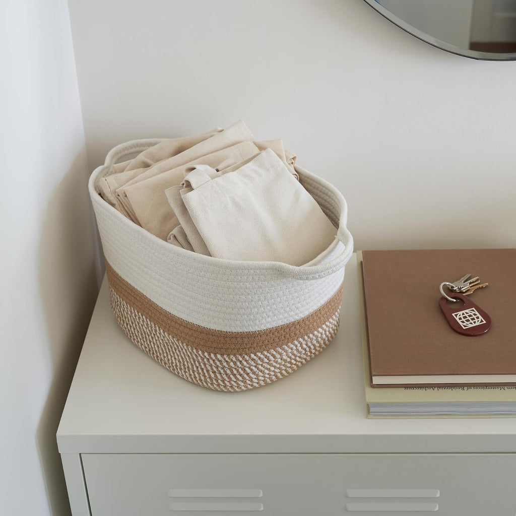 Stylish Cotton Rope Storage Basket - Versatile Woven Bin for Dog Toys, Magazines & Books | Clutter-Reducing Organizer with Handles