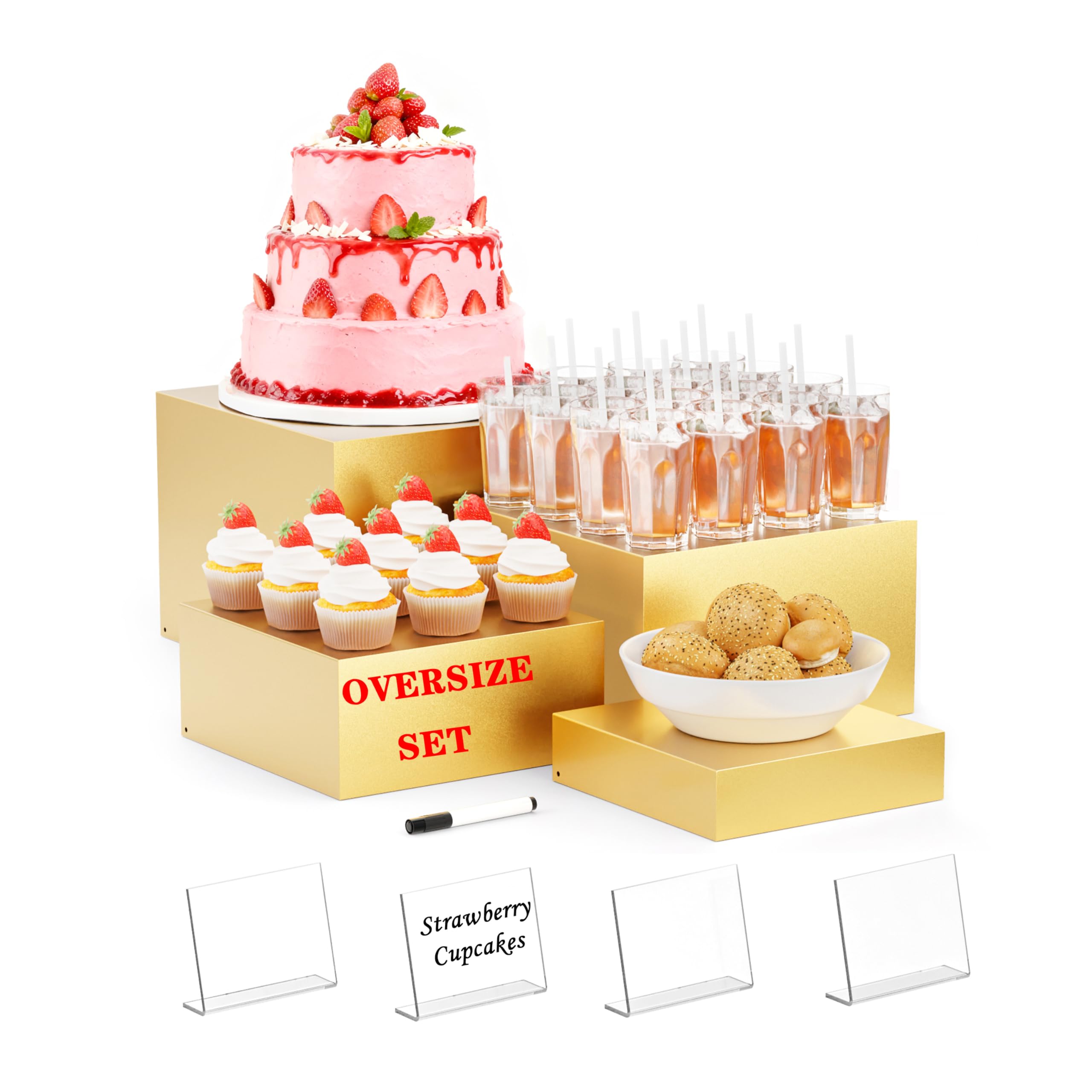 Metal Buffet Risers,4PCS OVERSIZED Food Risers for Buffet Table 8''X9''10''X11'' Display Stand with Mini Acrylic Signs for Catering Dessert Collectibles Jewelry Figures Show Gold Cube Boxes Nesting Risers with Hollow Bottoms