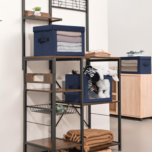 Homsorout Stackable Storage Bins - Medium Foldable Closet Organizers with Lids, 5-Pack, Navy Blue