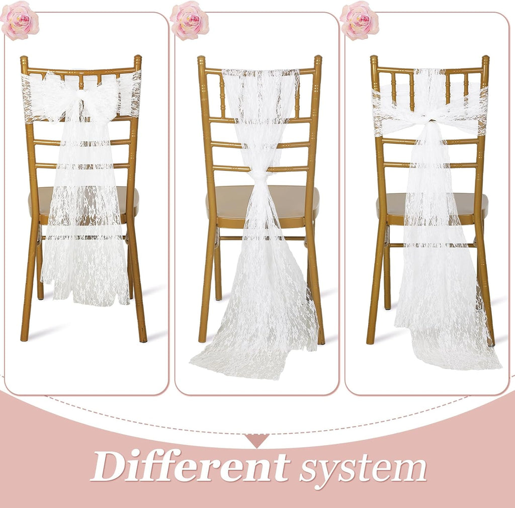 VitalCozy Vintage Chair Sashes - 50 Pcs Embroidered Boho Bows for Weddings & Events | 7 x 108 Inches, Lace White