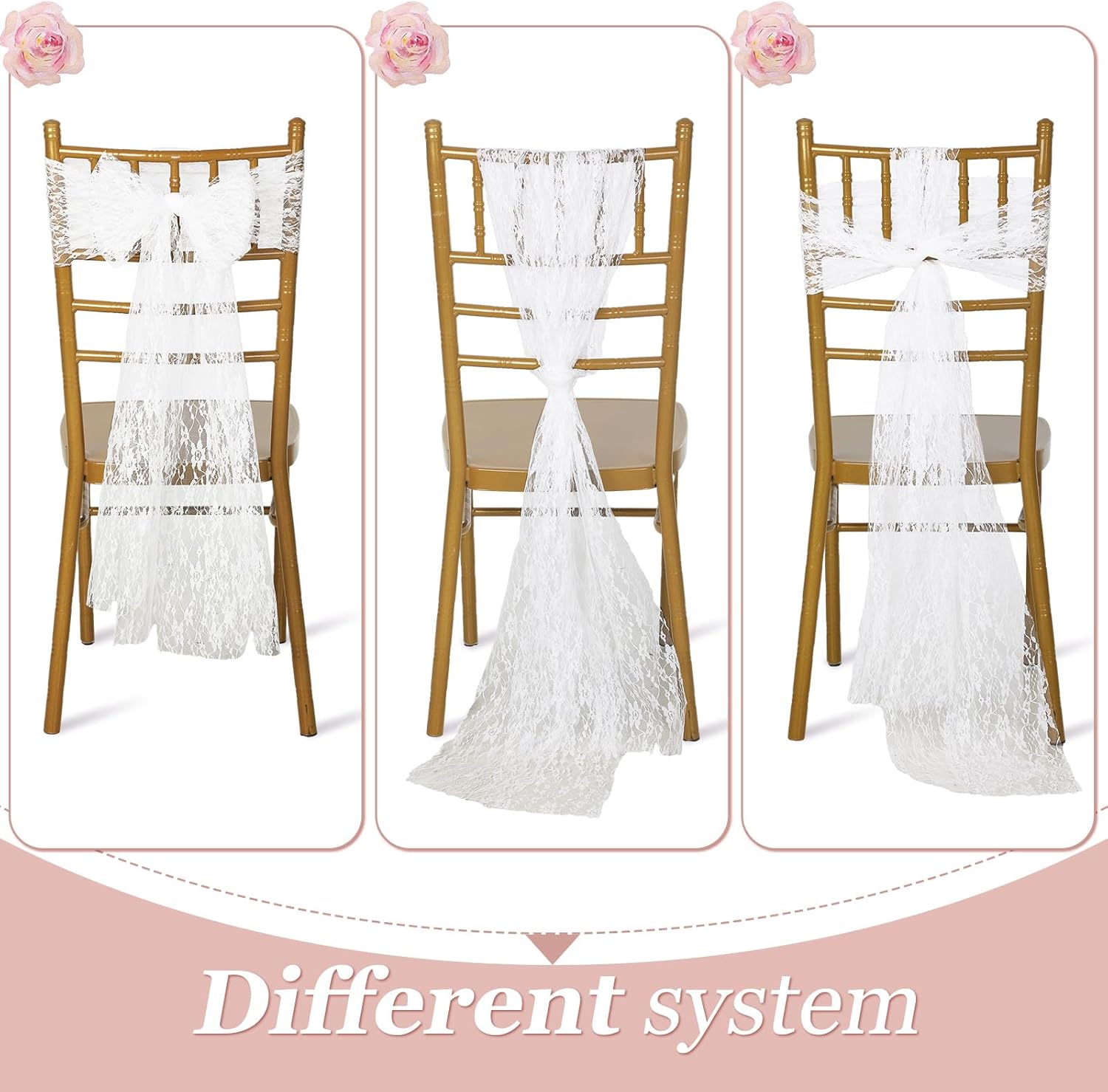 VitalCozy Vintage Chair Sashes - 50 Pcs Embroidered Boho Bows for Weddings & Events | 7 x 108 Inches, Lace White