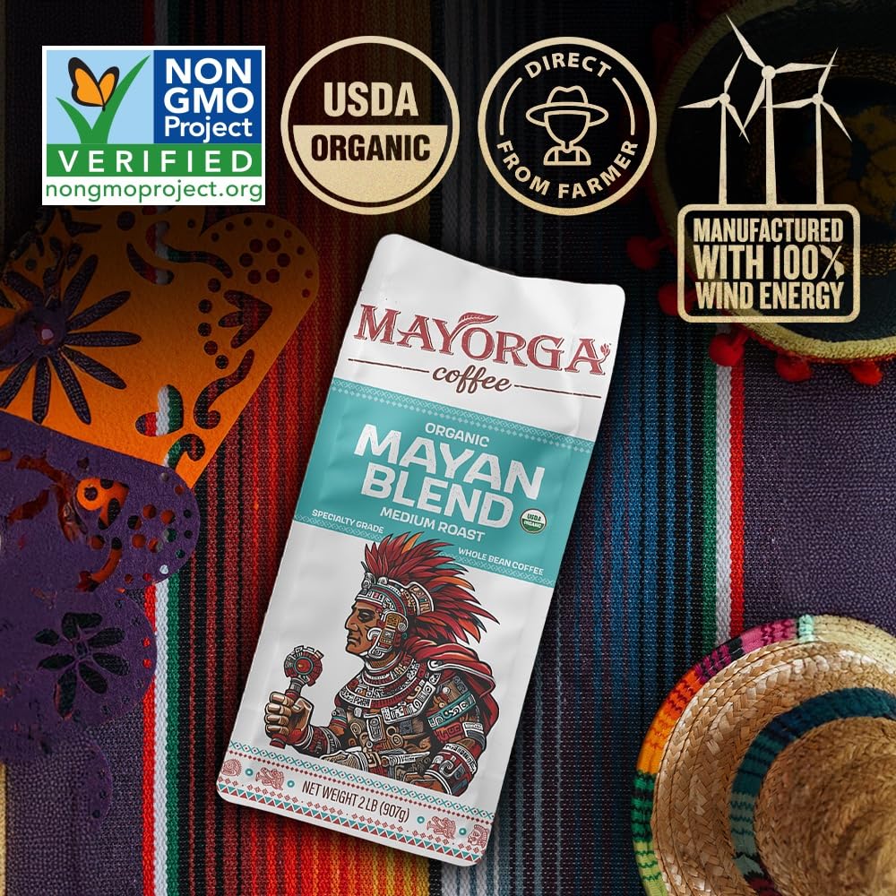 Mayorga Organic Coffee - 2lb Mayan Blend Medium Roast Whole Bean | 100% Arabica, Chocolate & Floral Flavor, USDA Organic