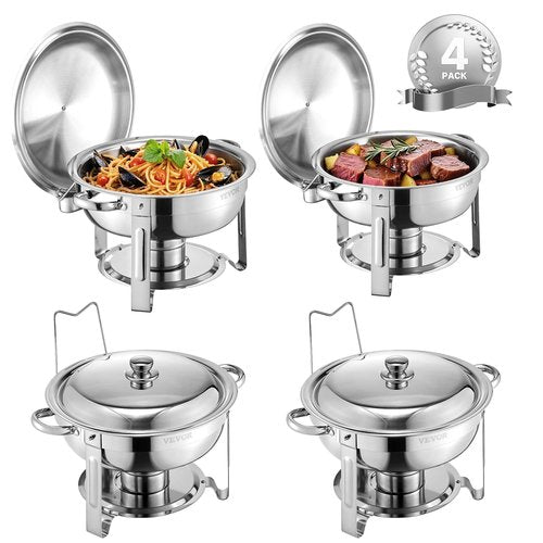 VEVOR Chafing Dish Buffet Set, 5 Qt 4 Pack, Stainless Steel Chafer with Full Size Pan, Round Catering Warmer Server with Lid Water Pan Stand Fuel Holder Cover Holder Spoon, for at Least 6 People Each