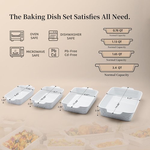 Dafuceramic Casserole Dishes - Set of 4 Rectangular Bakeware with Handles | White Ceramic Oven Dishes