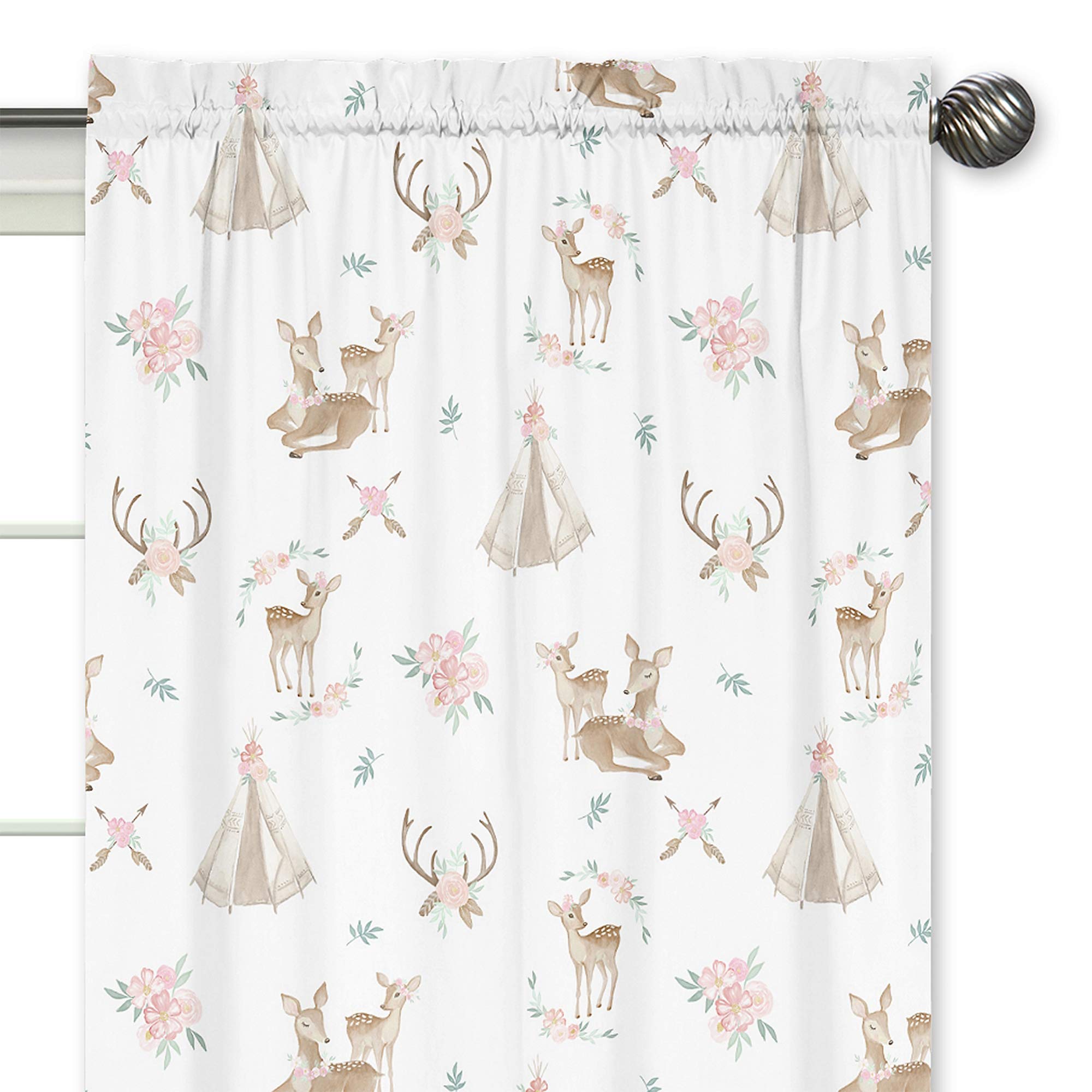 Sweet Jojo Designs Blush Pink, Mint Green and White Boho Window Treatment Panels Curtains for Woodland Deer Floral Collection - Set of 2