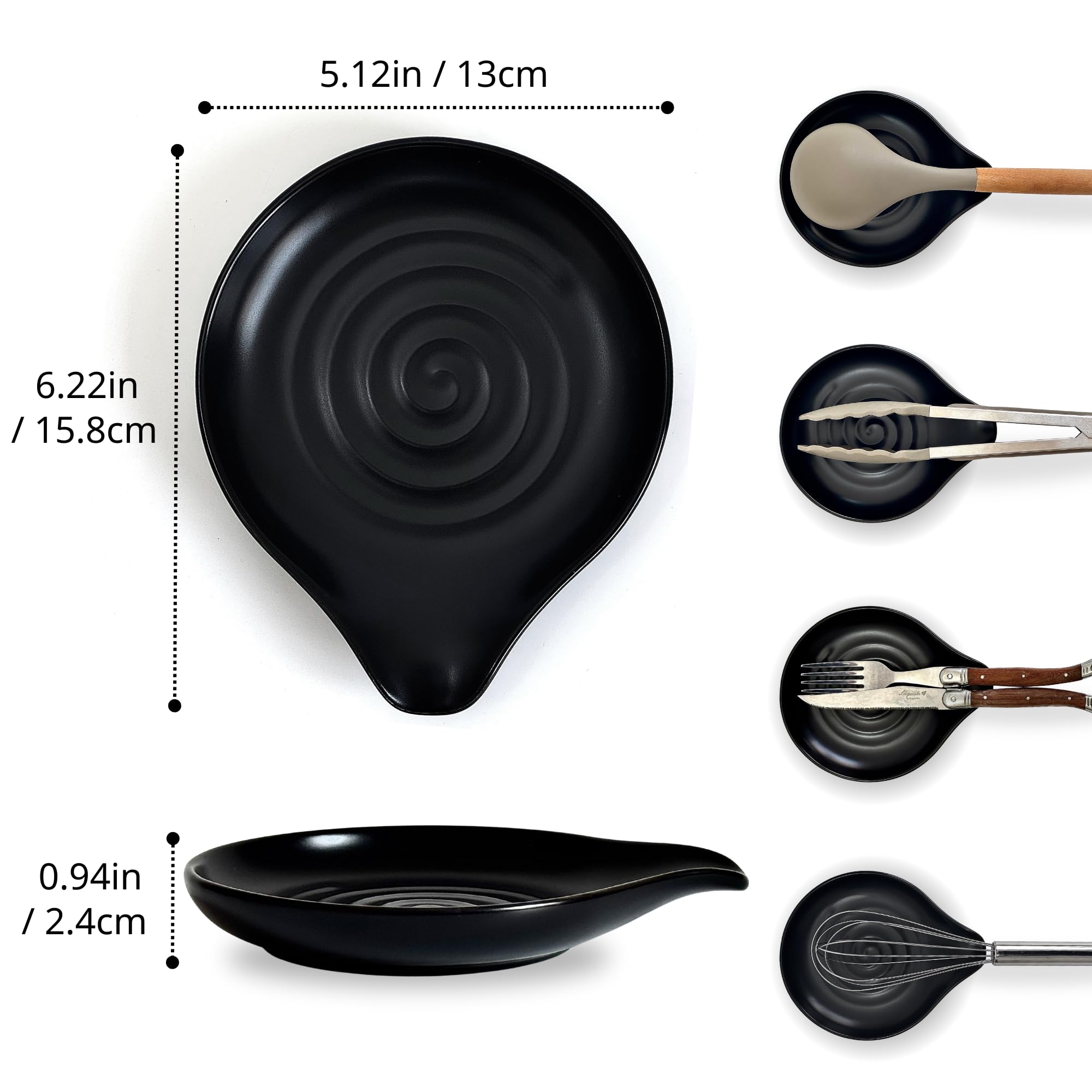 THRYVONA Spoon Rest for Stove Top, 6.2" Large Ceramic Spoon Holder for Kitchen Counter, Cooking Utensil Rest for Spatula, Spoon & Ladle, Modern Kitchen Decor, Matte Black, Housewarming Gift