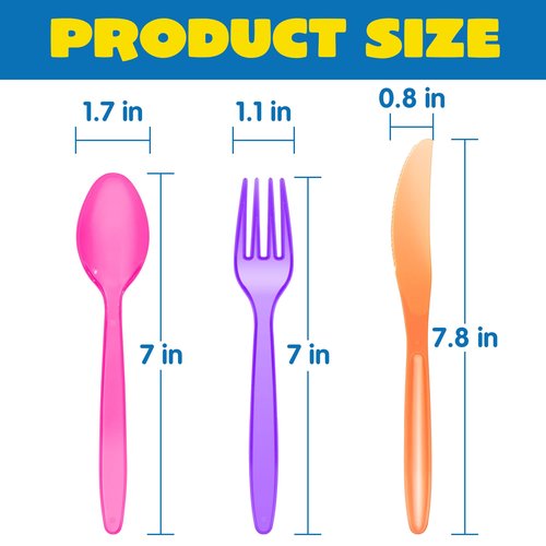 JOYIN 288 PCs Plastic Cutlery Hard Utensils for Brithday, Wedding Celebrations, Anniversary Party Favors, Fiesta Party Supplies, Luau Party, Carnivals, 6 Bright Neon Colors