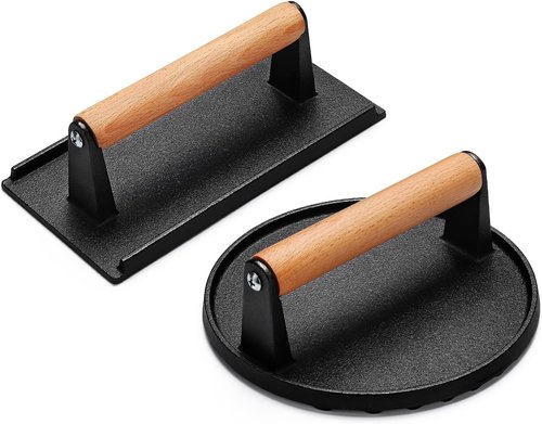 AIVIKI Burger Press - Heavy Duty Cast Iron Smash Burger Press | Round 6.9In & Rectangular 8.2x4.2In