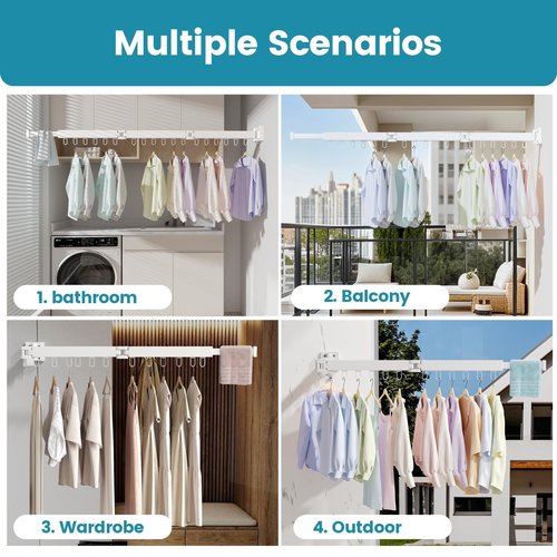 Abiglifty Clothes Drying Rack Wall Mounted, Laundry Drying Rack Collapsible, Foldable & Retractablewith 18 Hooks for Indoor/Outdoor Use inLaundry Room, Bathroom & Balcony (White)