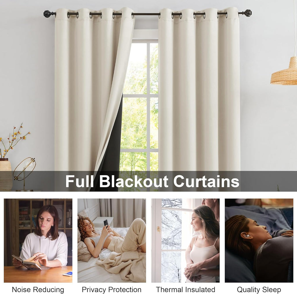 Urban Lotus Ivory Full Blackout Curtains - Thermal Insulated Room Darkening Drapes | 84 Inches, 2 Panels