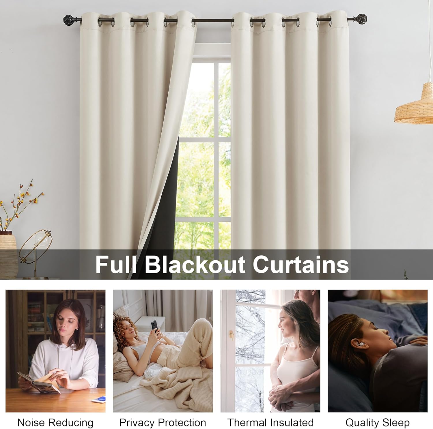 Urban Lotus Ivory Full Blackout Curtains - Thermal Insulated Room Darkening Drapes | 84 Inches, 2 Panels