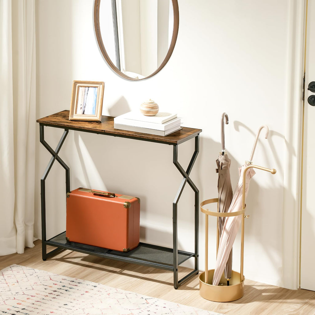 MAHANCRIS 2 Tier Console Table, Sofa Table, Narrow Entryway Table, Hallway Entrance Table, Hourglass-Shaped Frames, Adjustable Feet, for Entrance, Living Room, Hallway, Rustic Brown CTHR21301