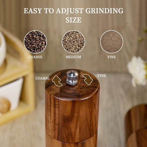 2 Pack Acacia Wooden Salt and Pepper Grinder Set 8 Inches Refillable Salt and Pepper Mills Adjustable Coarseness, Acacia Wood with Ceramic Core Peppercorn Shaker Tableware Birthday Gifts