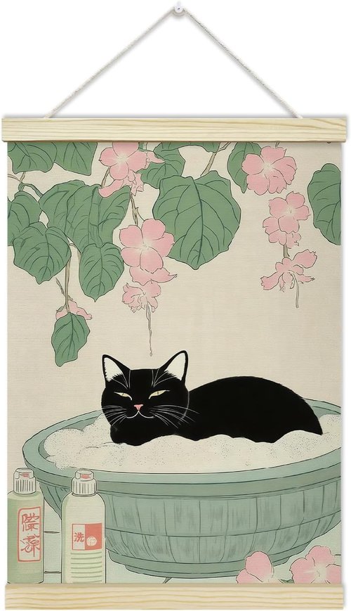 LETUROIA Japanese Cat Bathroom Poster Hanger Frame - Black Cat Aesthetic Canvas Wall Art (12x16") for Home Spa Decor