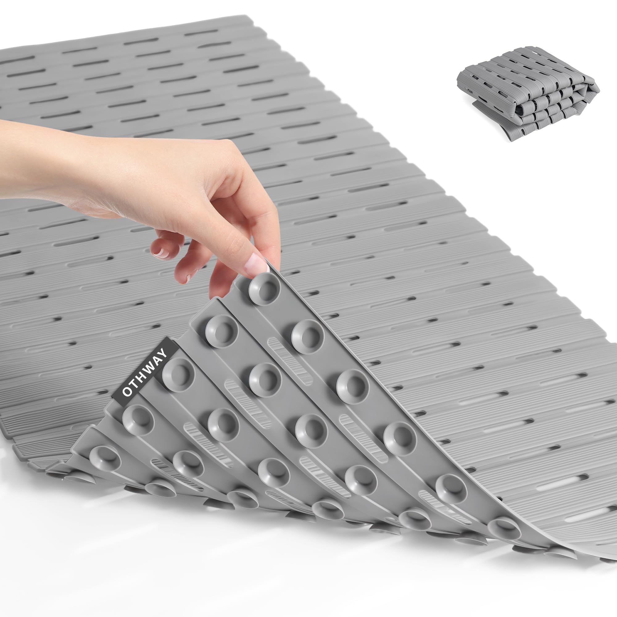 OTHWAY Anti Slip Shower Mat, 36.6" x 16.9" Soft Shower Mats for Inside Shower, Non Slip Shower Bath Mat for Tub with Suction Cups, Machine Washable Shower Floor Mat with Drainage Holes, Light Grey