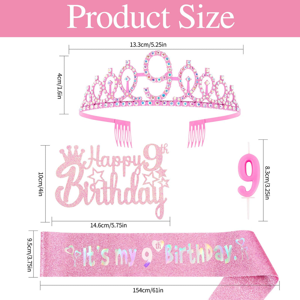 Vovii 9th Birthday Party Decorations Set for Girls- Pink Crown, Glitter Sash, Number 9 Candle & Cake Topper Kit for Birthday Celebrations Party Supplies Gift