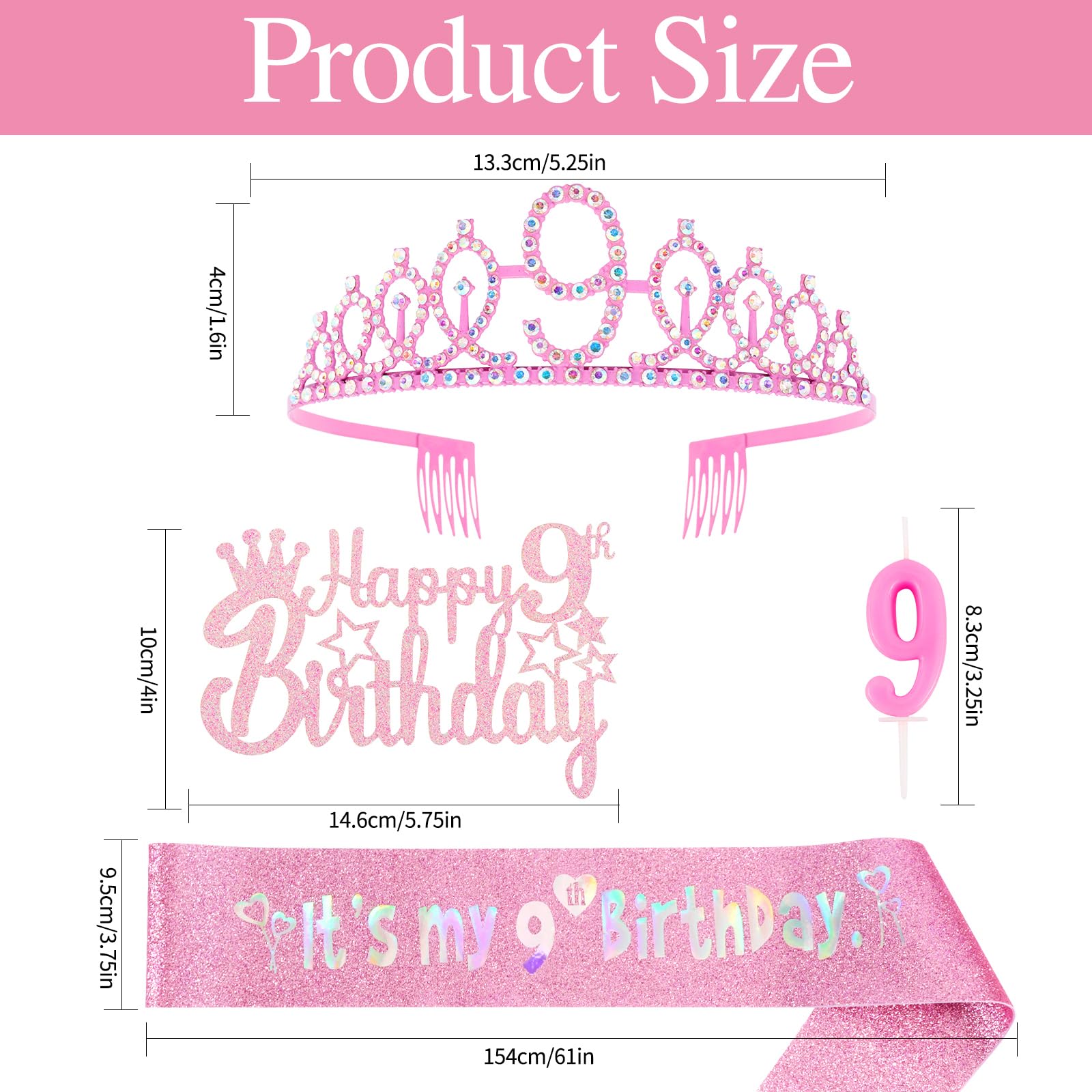 Vovii 9th Birthday Party Decorations Set for Girls- Pink Crown, Glitter Sash, Number 9 Candle & Cake Topper Kit for Birthday Celebrations Party Supplies Gift
