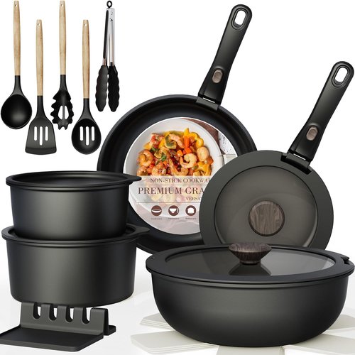Astercook Non-Stick Ceramic Cookware Set - 21 Pcs, Oven Safe, Induction Ready, Stackable, Black