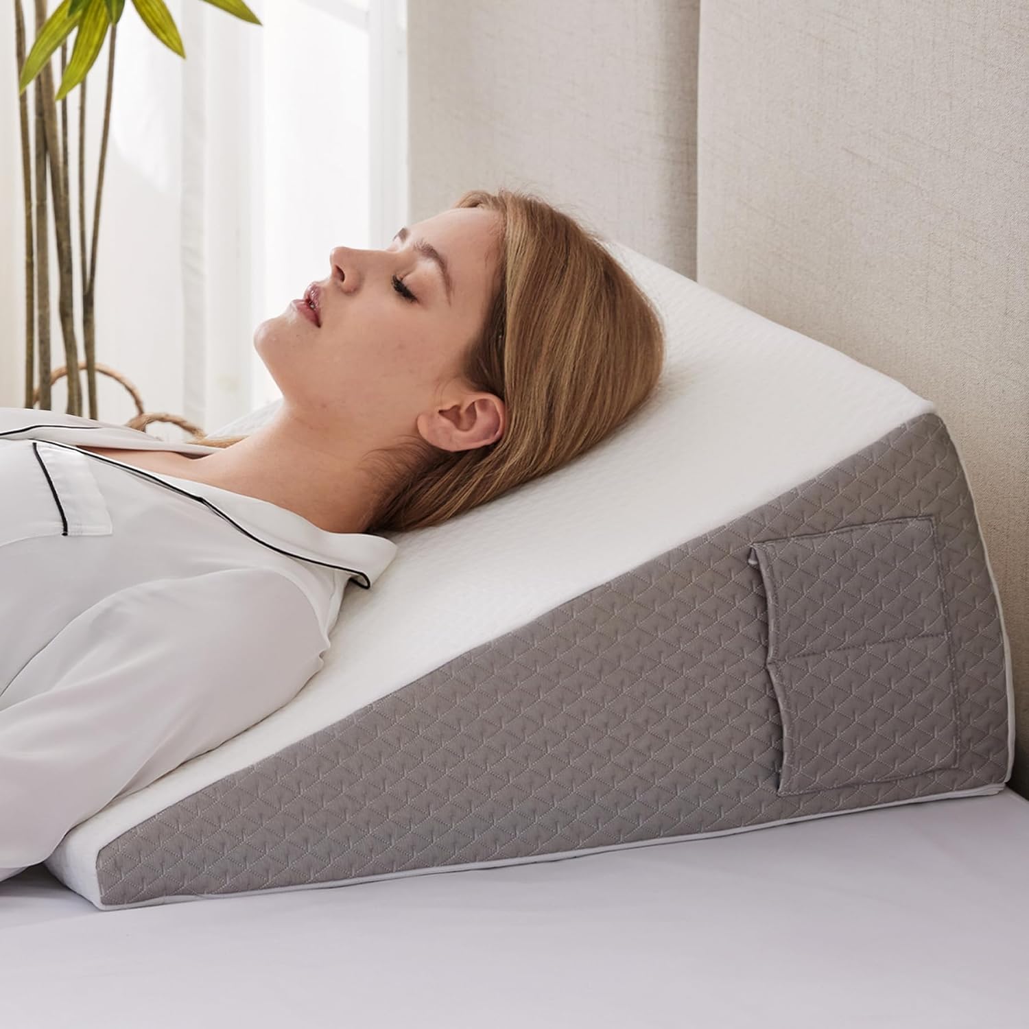 Ruqmuis Wedge Pillow - Acid Reflux Relief & Back Pain Support | 10" Triangle Pillow with Cover, White