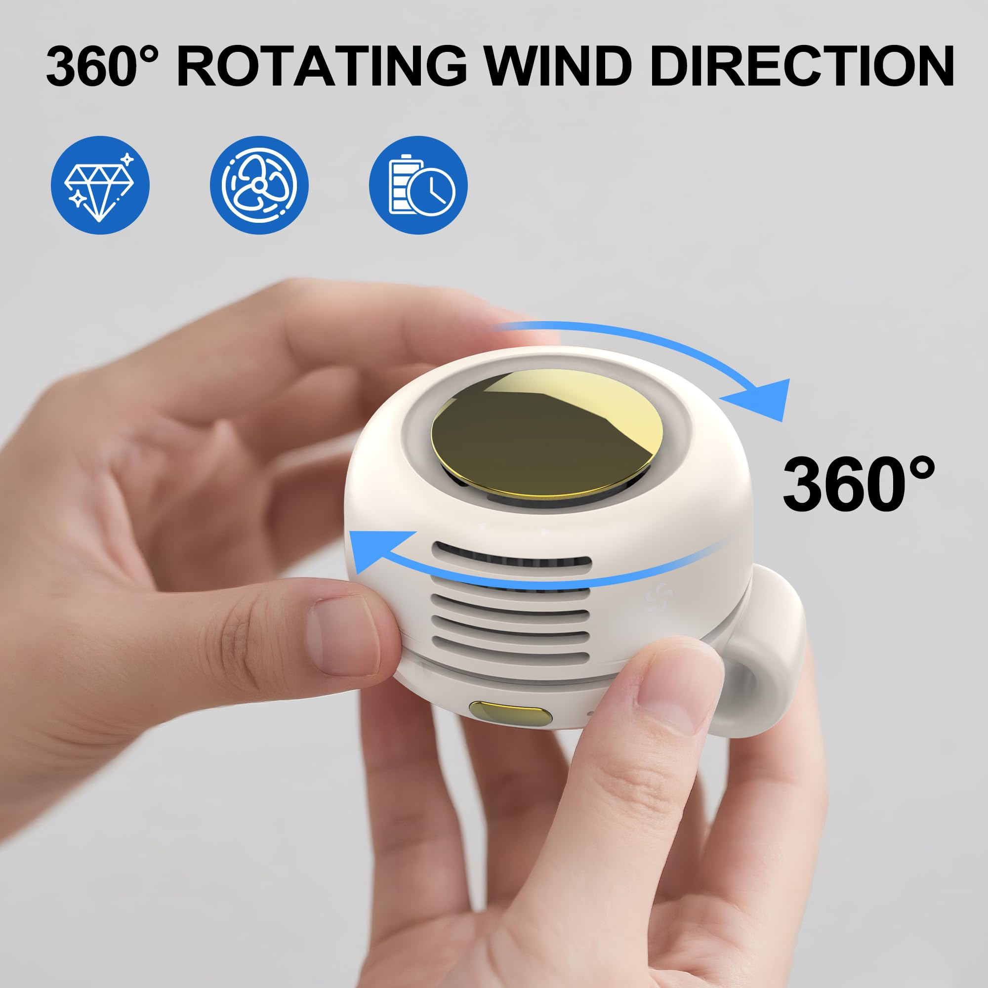 TFQXA1Z Portable Silent Clip On Bladeless Fan, Rechargeable Wearable Fan - Hands-Free Waist & Neck Cooling, 3 Speeds, 6H Runtime, USB-C Fast Charge (White)
