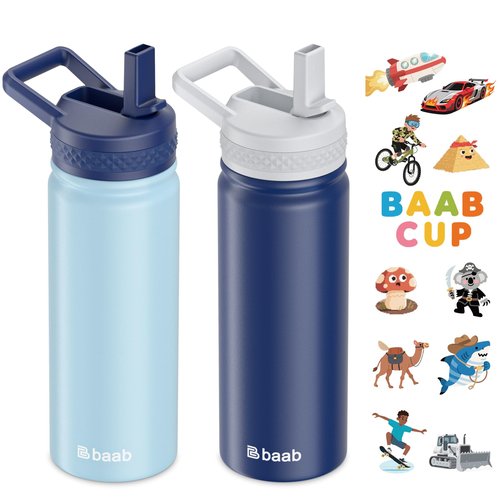 baab 18oz Kids Water Bottle, Insulated Water Bottle with Straw & Stickers, 18/8 Stainless Steel Vacuum Leakproof Kids Water Straw Cup for School, Gift for Boy Girl (Navy Blue+Light Blue, 2 Pack)