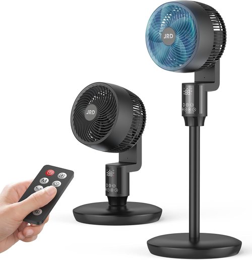 JRD Fan for Bedroom, 70° Oscillating Standing Fans, Quiet Floor Fan, 100ft Pedestal Fans for Room, 6 Speeds, 3 modes,90° Manual Vertical, 19-38" Adjustable Height,24H Timer,Remote Control
