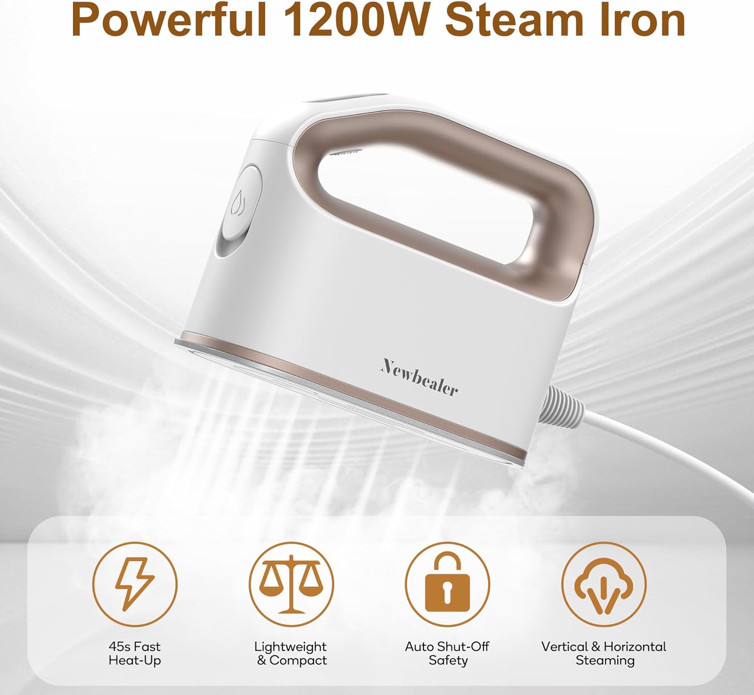 Newbealer Smart Steam Iron - Mini Heat Press with 1200W Turbocharged Power | 3 Steam Modes, Auto-Off, Gold Finish