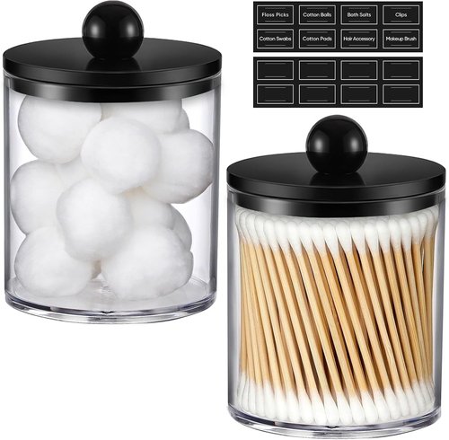 Clear & Black Acrylic Qtip Holder Dispenser Set | 2-Pack Cotton Swab & Makeup Storage Organizer