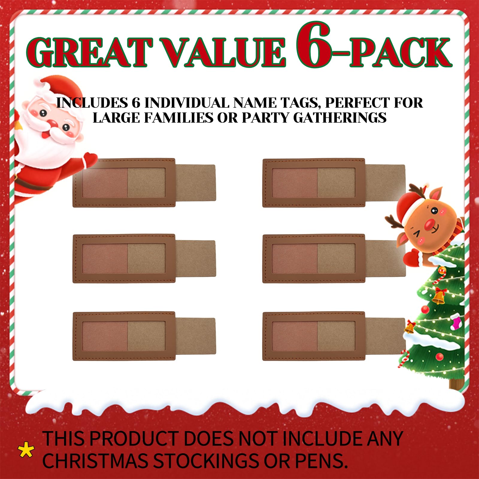 Oeyliz Personalized Christmas Stocking Leather Name Tags Custom Christmas Stocking Leather Tags Personalized Knitted Xmas Stocking 6PCS Light Brown Leathers Name Label for Family Christmas Decor