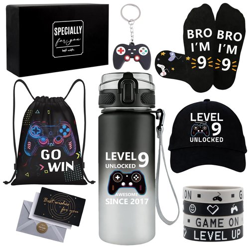 9 Year Old Boy Gifts, Birthday Gifts for 9 Year Old Boy, Cool 9th Birthday Gifts for Boys, Game Theme LEVEL 9 UNLOCKED Water Bottle Baseball Cap Socks Bag Keychain Wristbands for Son Nephew Grandson