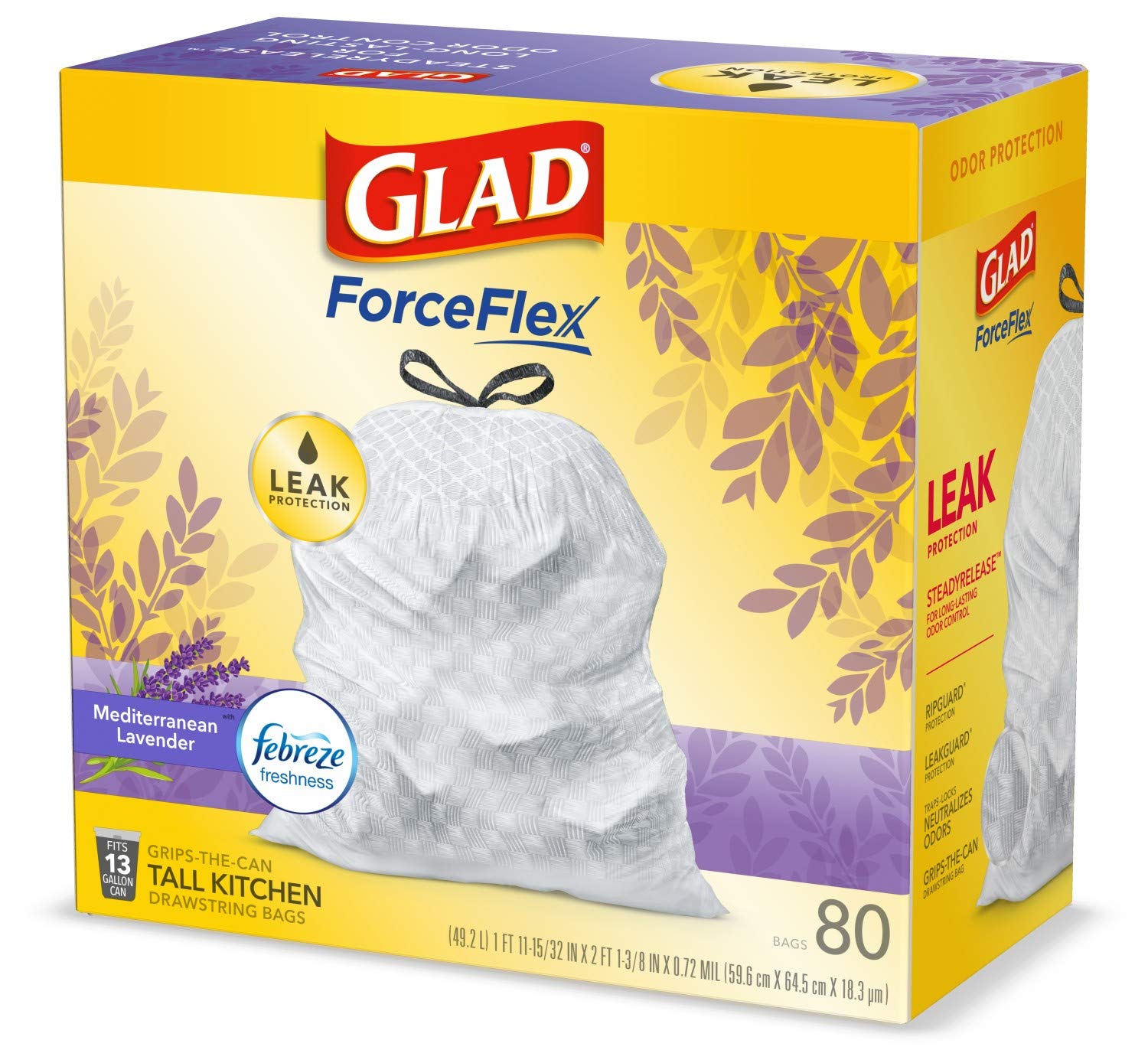 Glad ForceFlex Tall Kitchen Trash Bags, 13 Gallon, Gain Lavender, 80 Count (Package May Vary)