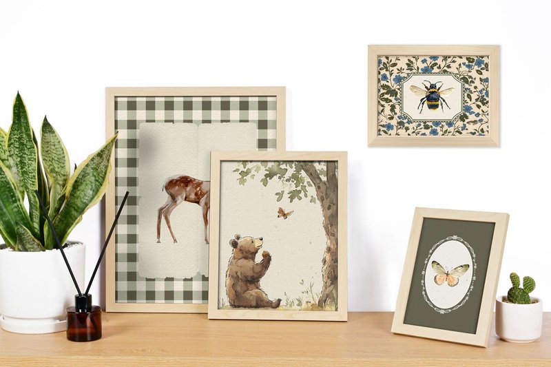 16 PCS Framed Woodland Nursery Wall Art Decor, Vintage Baby Girl & Boy Nursery Decor, Kid Toddler Room Bedroom Playroom Decor, Sage Green Animals Eclectic Gallery Wall Prints, Bear Duck Goose Rabbit ﻿