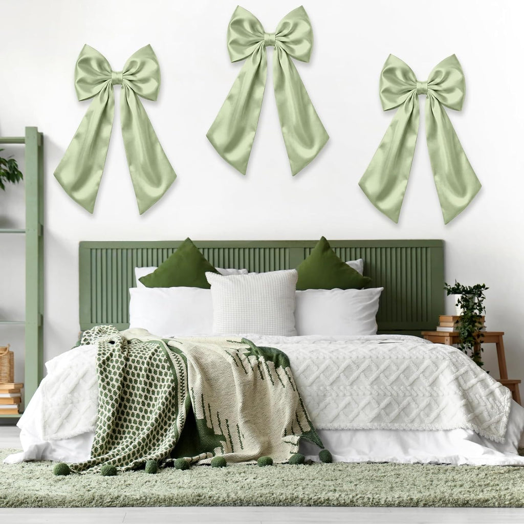 Suncalla Large Sage Green Satin Bow Decorations - 3 Pcs | 2 FT Hanging Wall Decor for Weddings & Parties