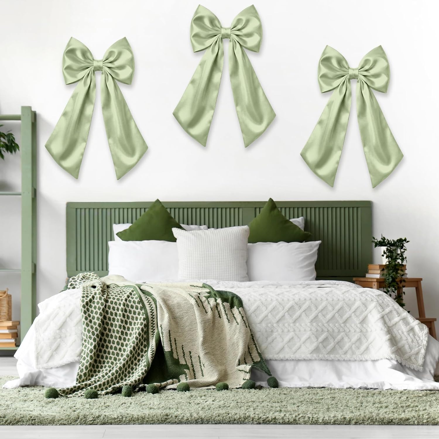 Suncalla Large Sage Green Satin Bow Decorations - 3 Pcs | 2 FT Hanging Wall Decor for Weddings & Parties
