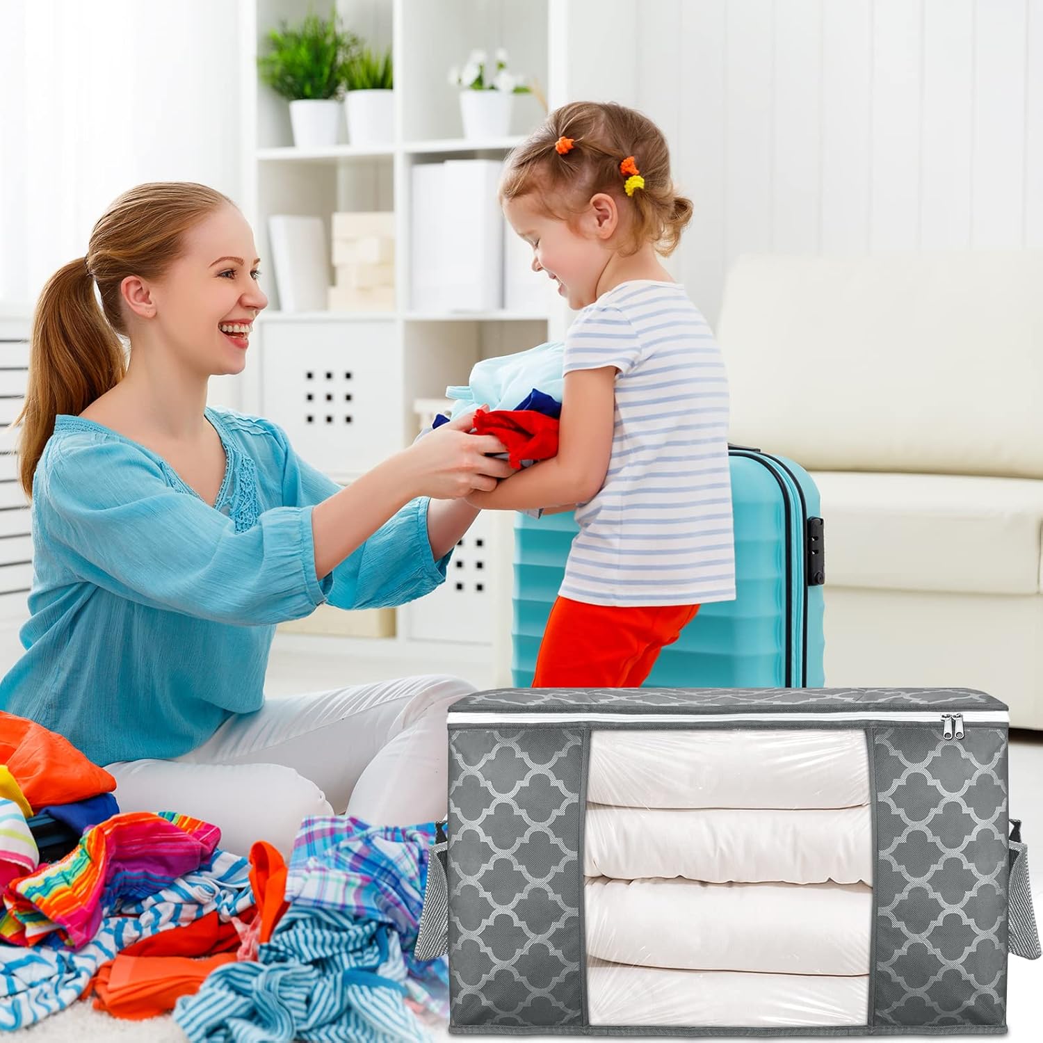 Skiennix 90L Large Storage Bag - Durable Organizer for Clothes, Bedding, Toys | 6 Pack