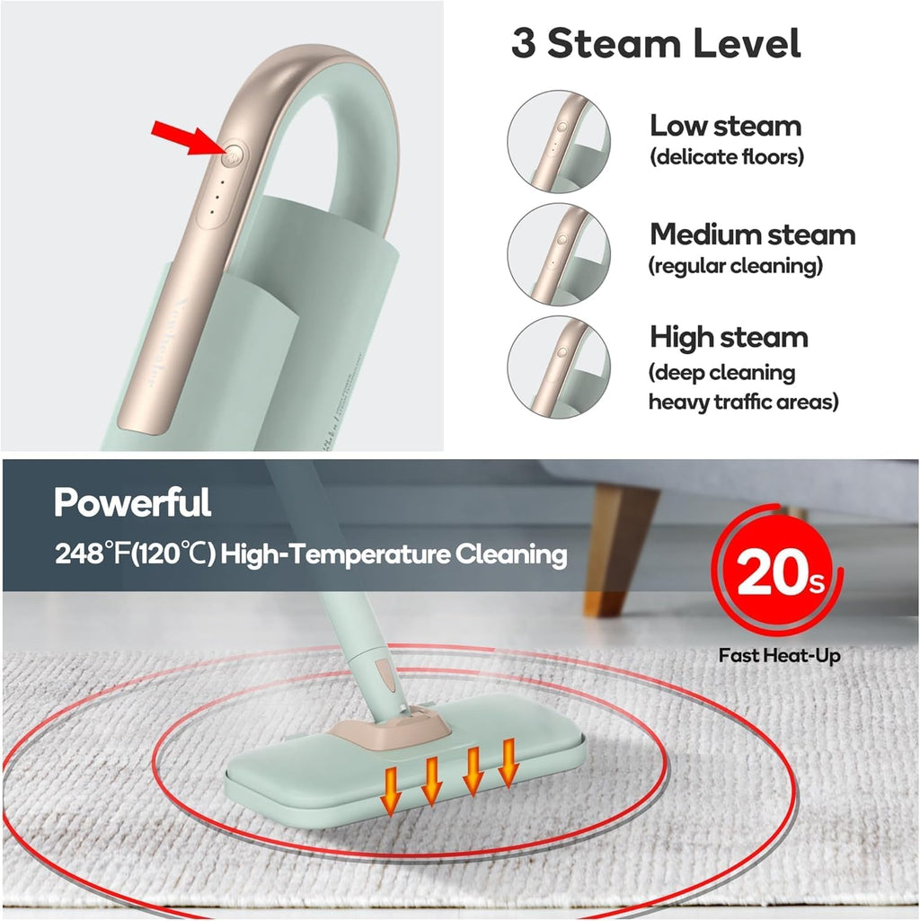 Newbealer Steam Mop - Powerful 1200W Floor Steamer with Detachable Handheld Cleaner | 250ml, 3 Adjustable Levels, 7 Accessories