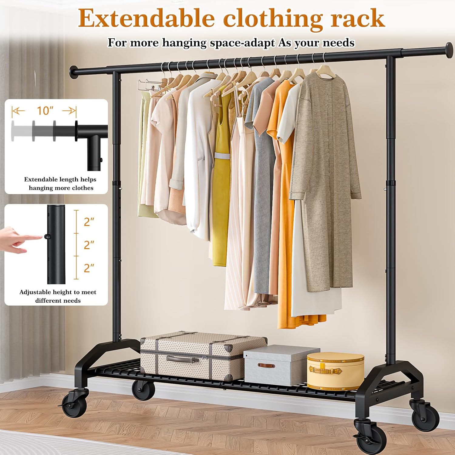 Wiracks Heavy Duty Clothes Rack - Adjustable Rolling Garment Rack with 350lbs Capacity | Black, 51-71" W x 16.53" D x 65-71" H