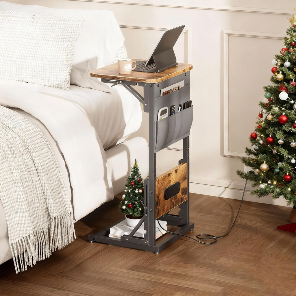 HLDIRECT C Shaped End Table with Charging Station, Couch Side Table with Storage Bag, Foldable TV Tray with 2 USB Ports and Outlets for Living Room, Bedroom, Rustic Brown
