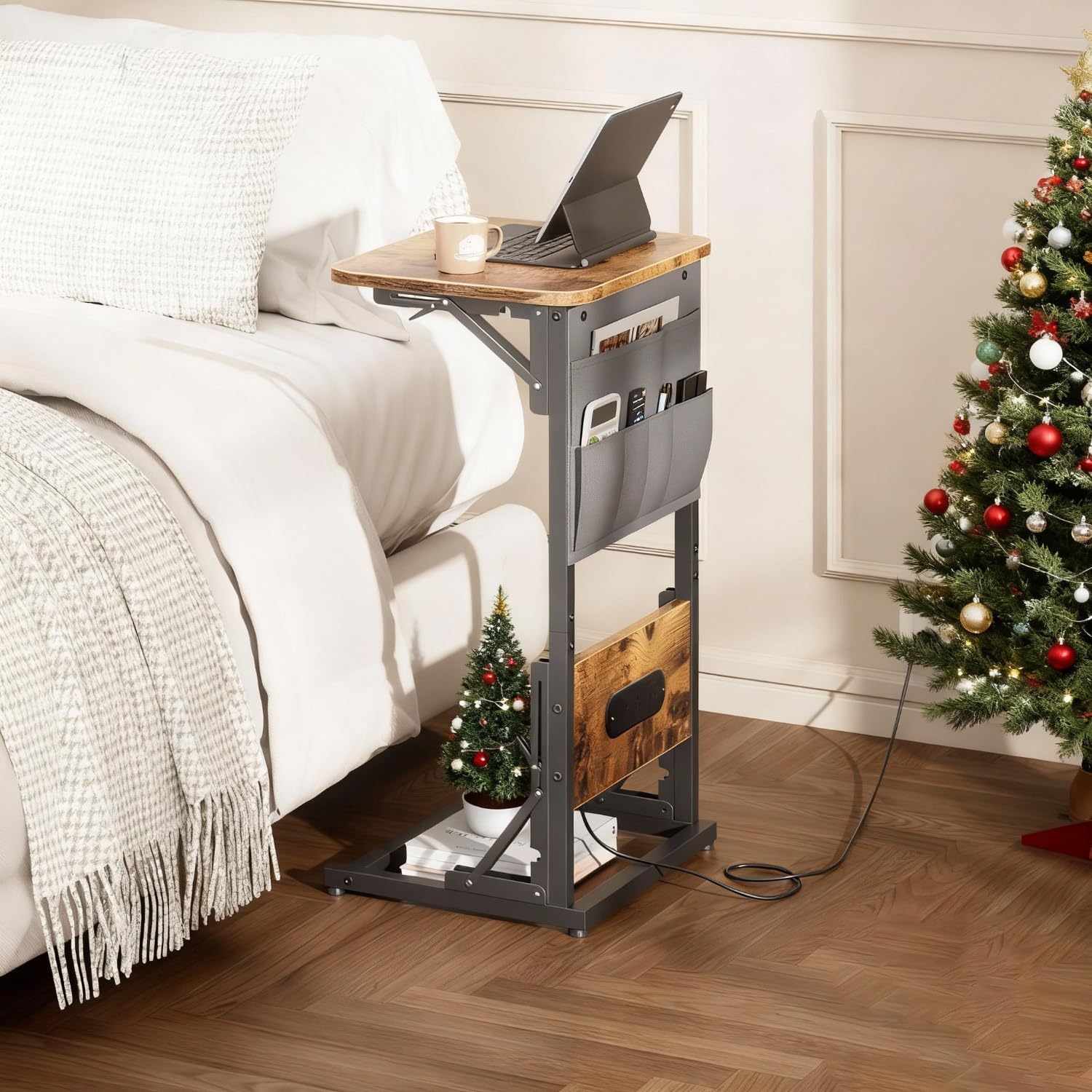 HLDIRECT C Shaped End Table with Charging Station, Couch Side Table with Storage Bag, Foldable TV Tray with 2 USB Ports and Outlets for Living Room, Bedroom, Rustic Brown