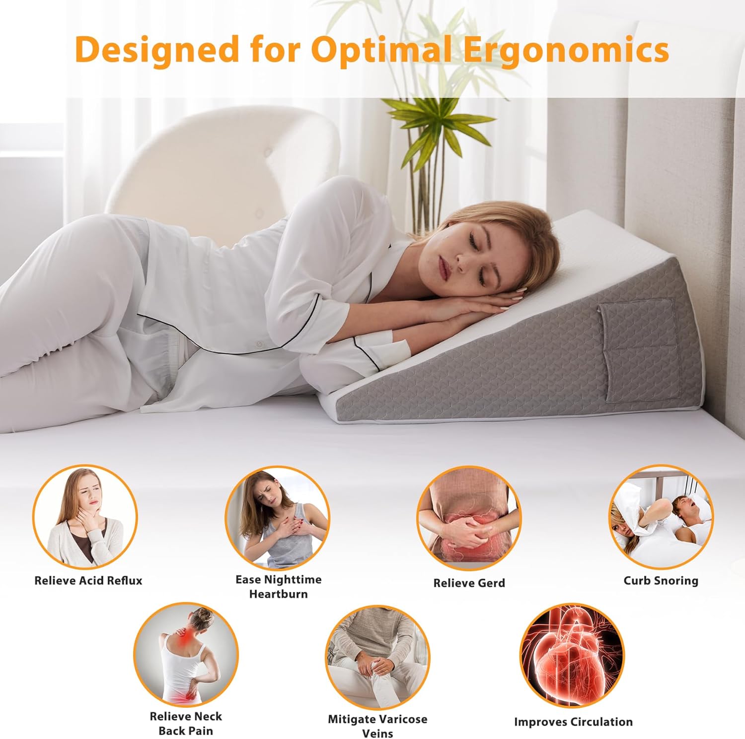Ruqmuis Wedge Pillow - Acid Reflux Relief & Back Pain Support | 10" Triangle Pillow with Cover, White