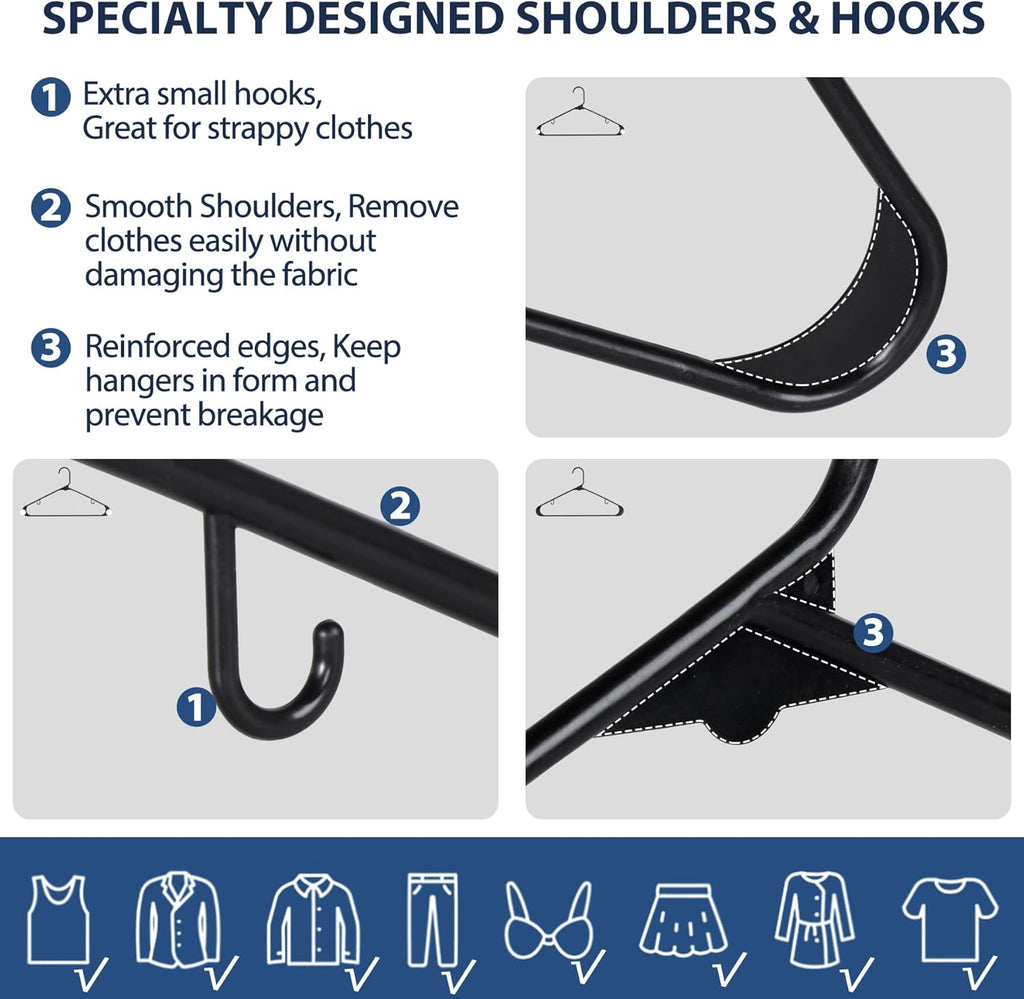 SUPER DEAL Plastic Hangers - 100 Pack Heavy-Duty Clothes Hangers with Double Hooks | Space-Saving Black Design